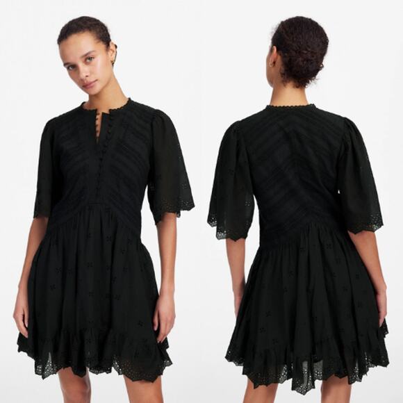 Madewell Cotton Eyelet Flutter Sleeve Mini Dress NU556 Black Size 12 NWT/FLAWED - Picture 1 of 6